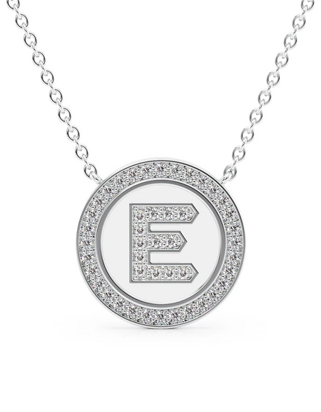 14K White Gold White E Initial Diamond Disk Pendant