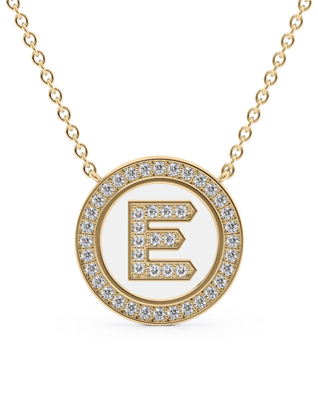 14K Yellow Gold White E Initial Diamond Disk Pendant