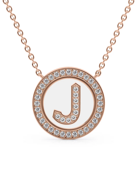 14K Rose Gold White J Initial Diamond Disk Pendant