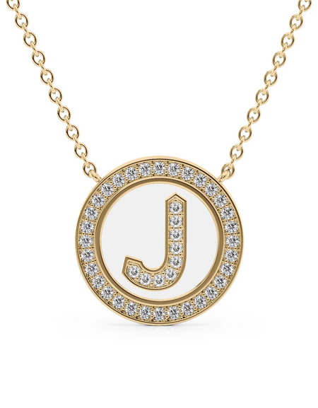 14K Yellow Gold White J Initial Diamond Disk Pendant