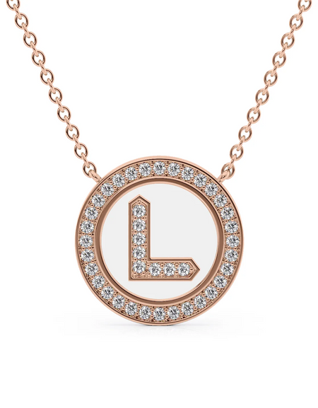 14K Rose Gold White L Initial Diamond Disk Pendant