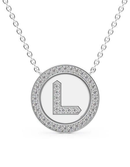 14K White Gold White L Initial Diamond Disk Pendant