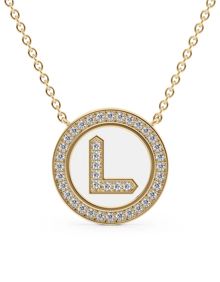 14K Yellow Gold White L Initial Diamond Disk Pendant