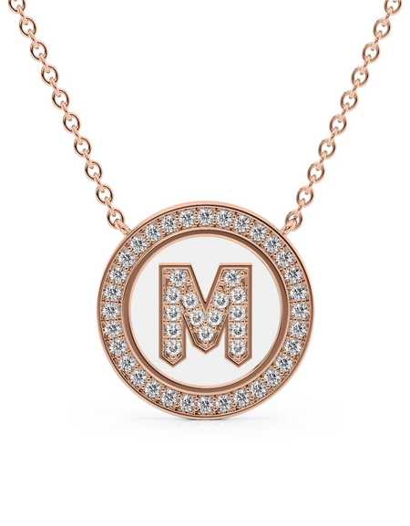 14K Rose Gold White M Initial Diamond Disk Pendant