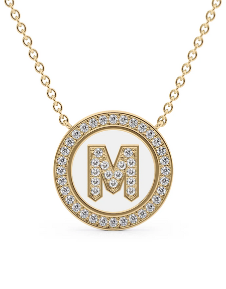 14K Yellow Gold White M Initial Diamond Disk Pendant