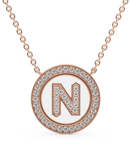 14K Rose Gold White N Initial Diamond Disk Pendant