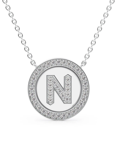 14K White Gold White N Initial Diamond Disk Pendant