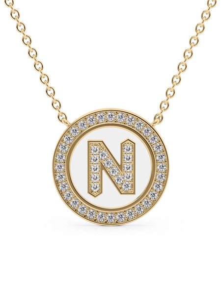 14K Yellow Gold White N Initial Diamond Disk Pendant
