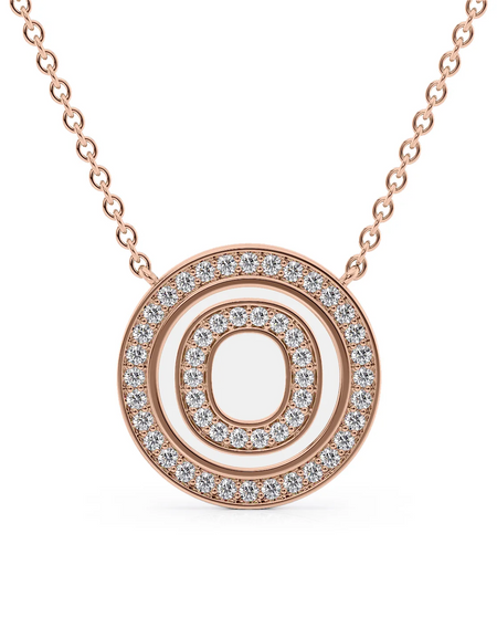 14K Rose Gold White O Initial Diamond Disk Pendant