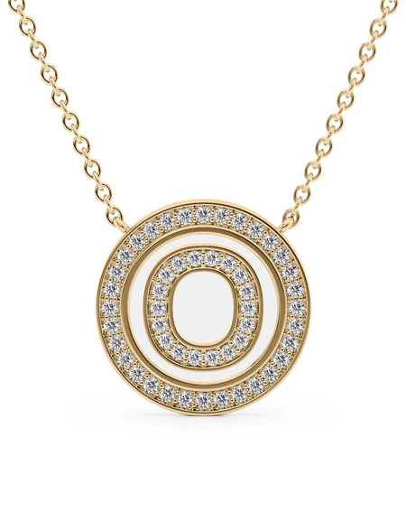 14K Yellow Gold White O Initial Diamond Disk Pendant