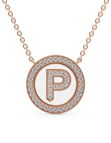 14K Rose Gold White P Initial Diamond Disk Pendant