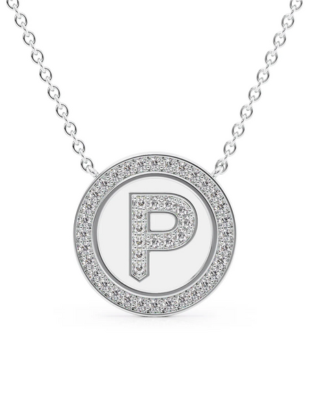 14K White Gold White P Initial Diamond Disk Pendant