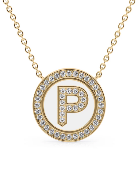 14K Yellow Gold White P Initial Diamond Disk Pendant