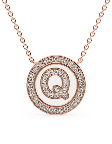 14K Rose Gold White Q Initial Diamond Disk Pendant