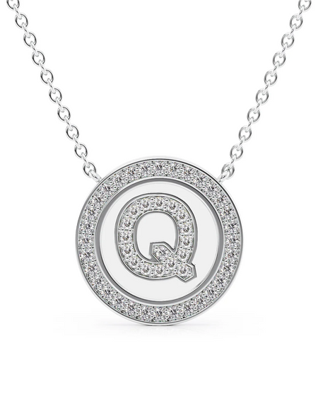 14K White Gold White Q Initial Diamond Disk Pendant