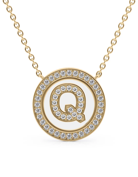 14K Yellow Gold White Q Initial Diamond Disk Pendant