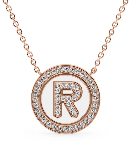 14K Rose Gold White R Initial Diamond Disk Pendant
