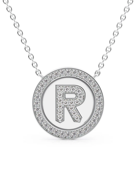 14K White Gold White R Initial Diamond Disk Pendant