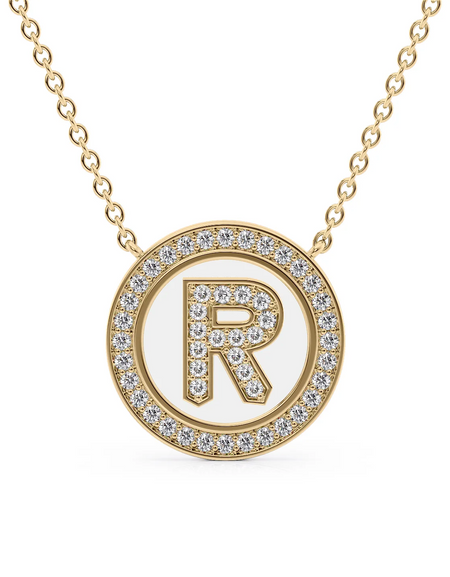 14K Yellow Gold White R Initial Diamond Disk Pendant