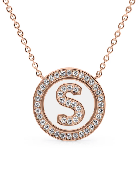 14K Rose Gold White S Initial Diamond Disk Pendant