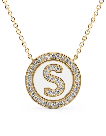 14K Yellow Gold White S Initial Diamond Disk Pendant