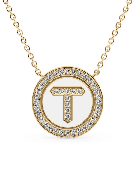 14K Yellow Gold White T Initial Diamond Disk Pendant