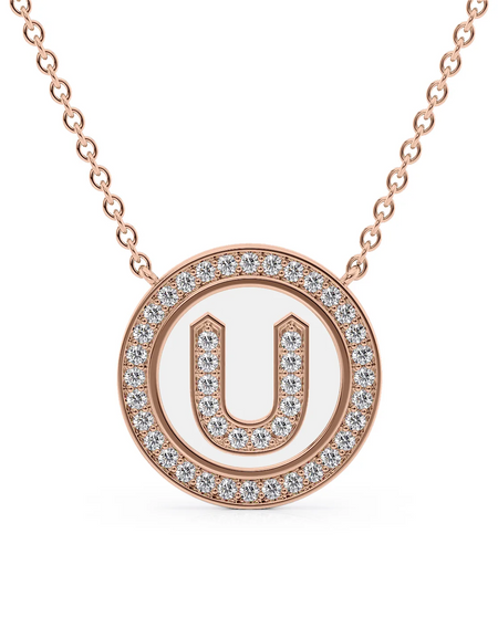 14K Rose Gold White U Initial Diamond Disk Pendant
