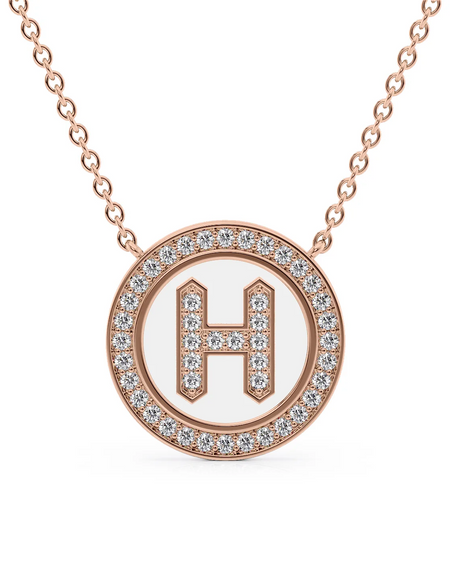 14K Rose Gold White H Initial Diamond Disk Pendant