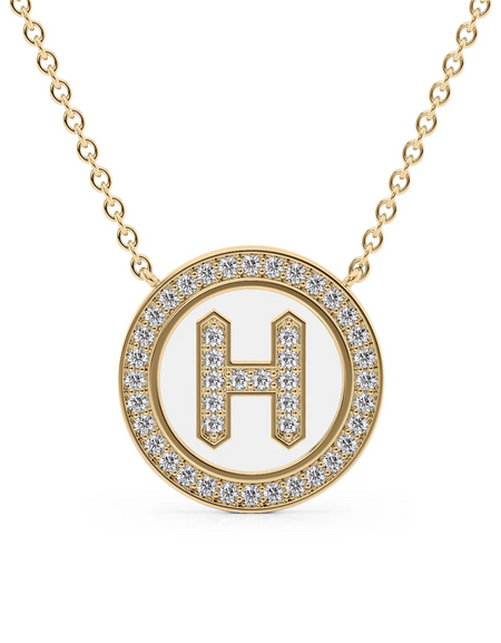 14K Yellow Gold White H Initial Diamond Disk Pendant