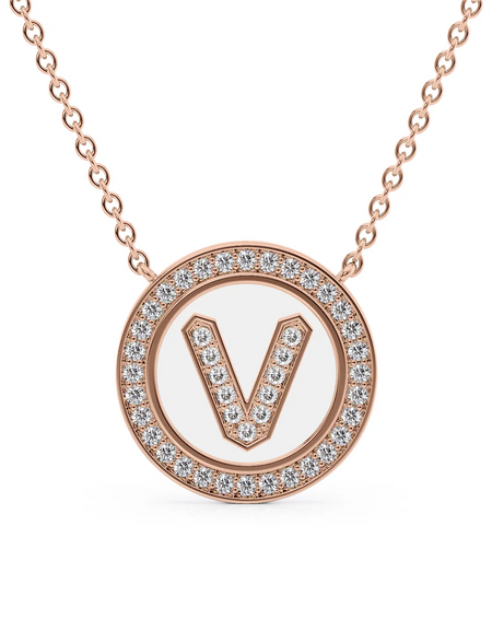 14K Rose Gold White V Initial Diamond Disk Pendant