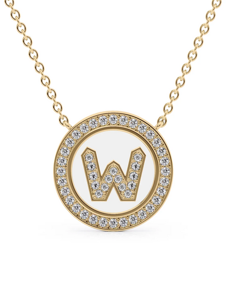 14K Yellow Gold White W Initial Diamond Disk Pendant