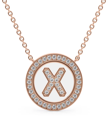 14K Rose Gold White X Initial Diamond Disk Pendant