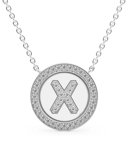 14K White Gold White X Initial Diamond Disk Pendant