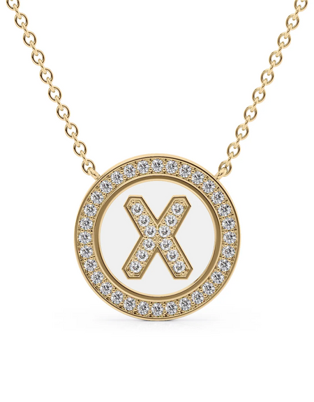 14K Yellow Gold White X Initial Diamond Disk Pendant