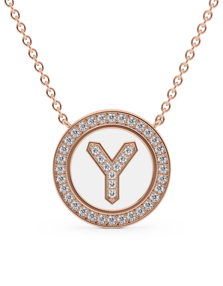 14K Rose Gold White Y Initial Diamond Disk Pendant