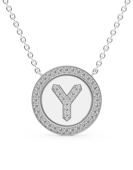 14K White Gold White Y Initial Diamond Disk Pendant