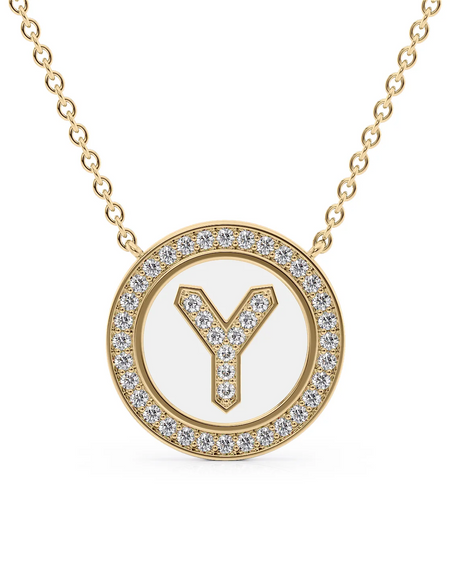 14K Yellow Gold White Y Initial Diamond Disk Pendant