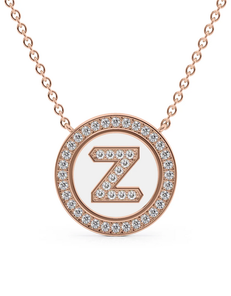 14K Rose Gold White Z Initial Diamond Disk Pendant