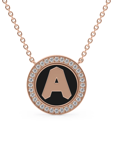 14K Rose Gold Black A Initial Disk Pendant