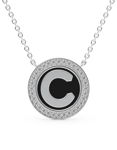 14K White Gold Black C Initial Disk Pendant