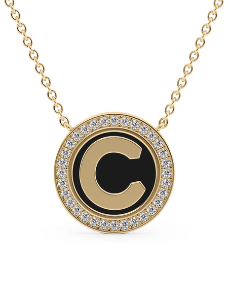 14K Yellow Gold Black C Initial Disk Pendant