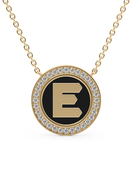 14K Yellow Gold Black E Initial Disk Pendant