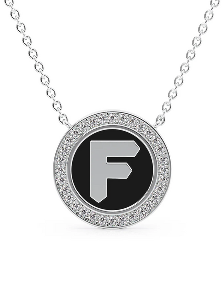 14K White Gold Black F Initial Disk Pendant