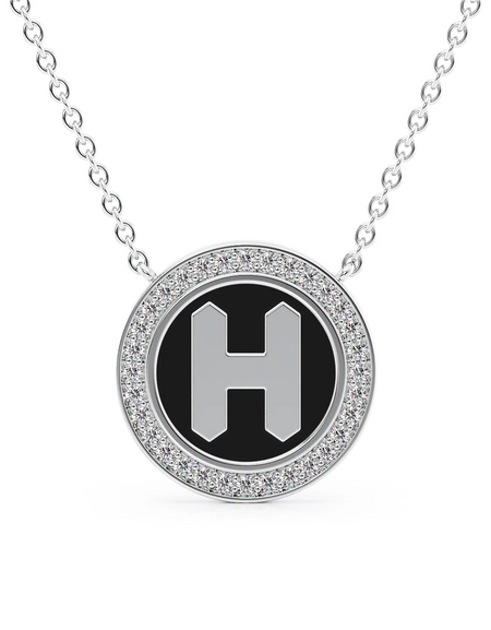 14K White Gold Black H Initial Disk Pendant