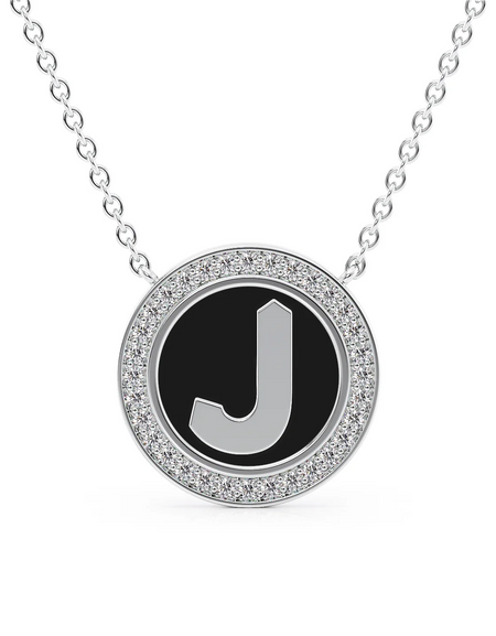14K White Gold Black J Initial Disk Pendant