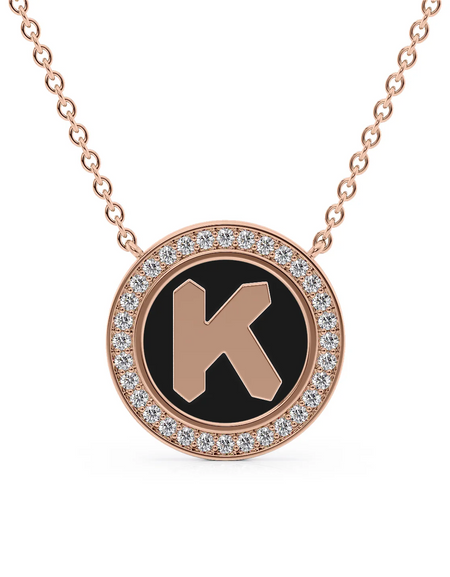 14K Rose Gold Black K Initial Disk Pendant