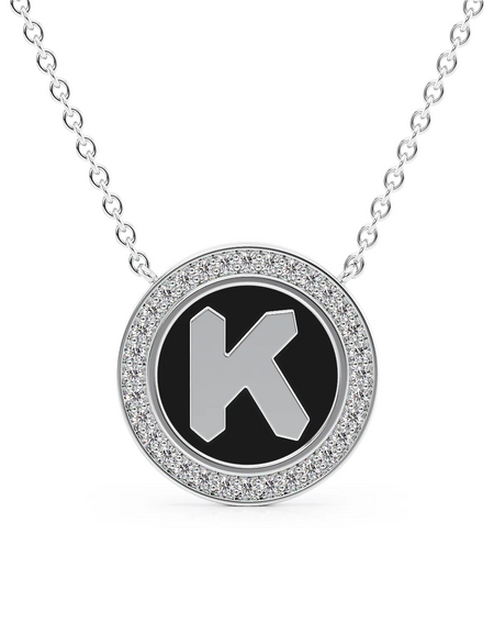 14K White Gold Black K Initial Disk Pendant