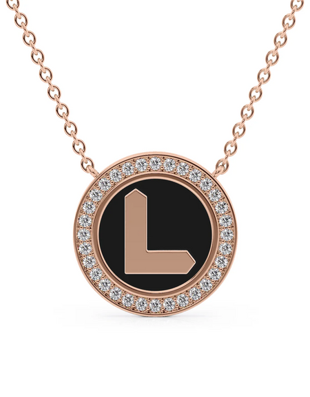 14K Rose Gold Black L Initial Disk Pendant