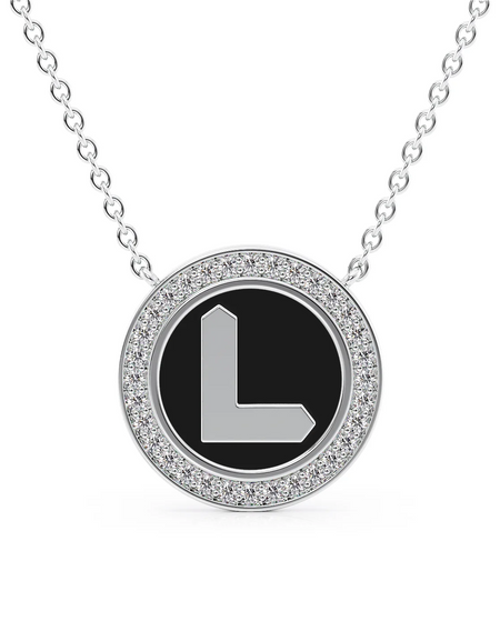 14K White Gold Black L Initial Disk Pendant