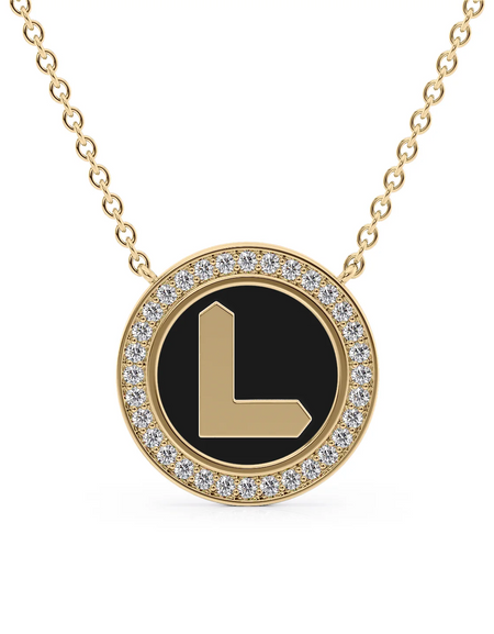 14K Yellow Gold Black L Initial Disk Pendant